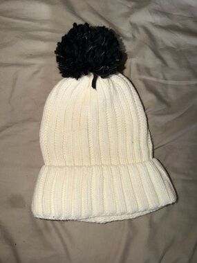 Cream Knit Pom Beanie with Black Pom